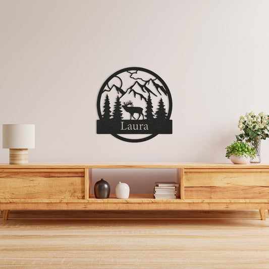 Personalized Metal Moose Family Name Sign: Mountain Tree Decor