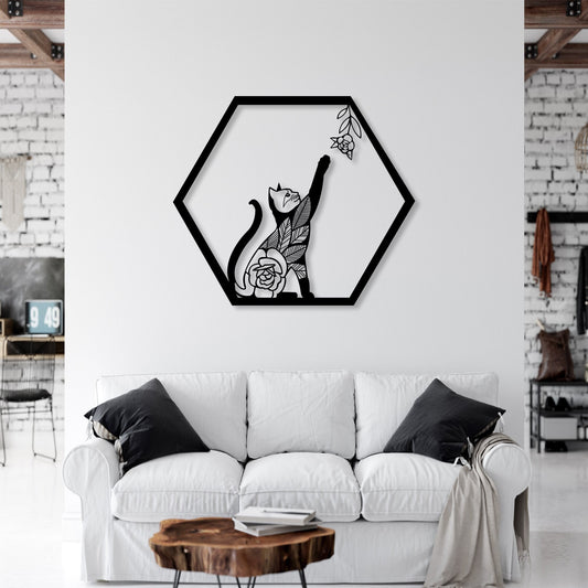 Hexagon Cat Mandala Metal Wall Art: Bohemian Home Decor