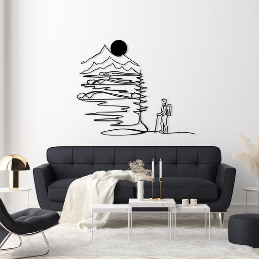 Minimalist Mountain Climbing Metal Wall Art: Nature Line Decor