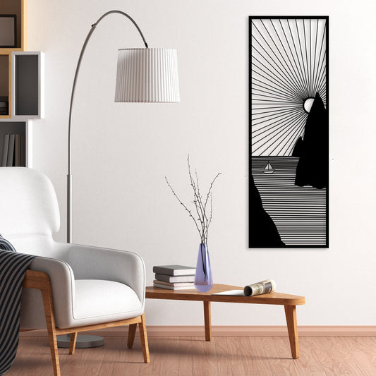 Geometric Sunset Metal Wall Art: Hill & Sea Decor