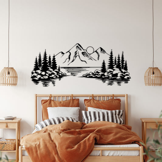 Mountain Lake Metal Wall Art: Geometric Landscape Decor