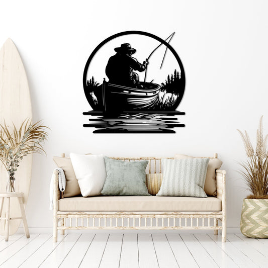 Fisherman in Boat Metal Wall Art: Lake House Decor