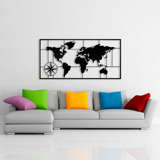 Metal World Map Wall Decor: Modern Black Steel Art (38x19in)