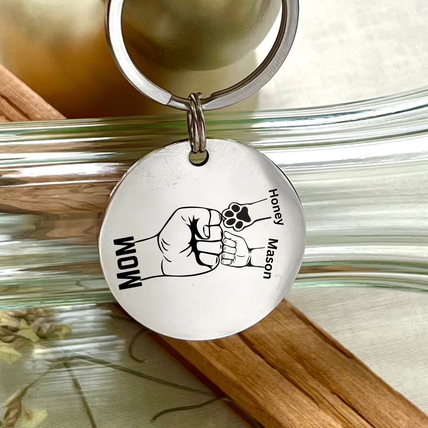 Personalized Fist Bump Keychain: Custom Mom, Dad & Paw Print Stainless Steel Gift