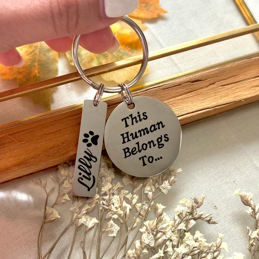 Personalized Pet Mom Keychain - "This Human Belongs To" - Custom Cat Mum, Dog Mum Gift
