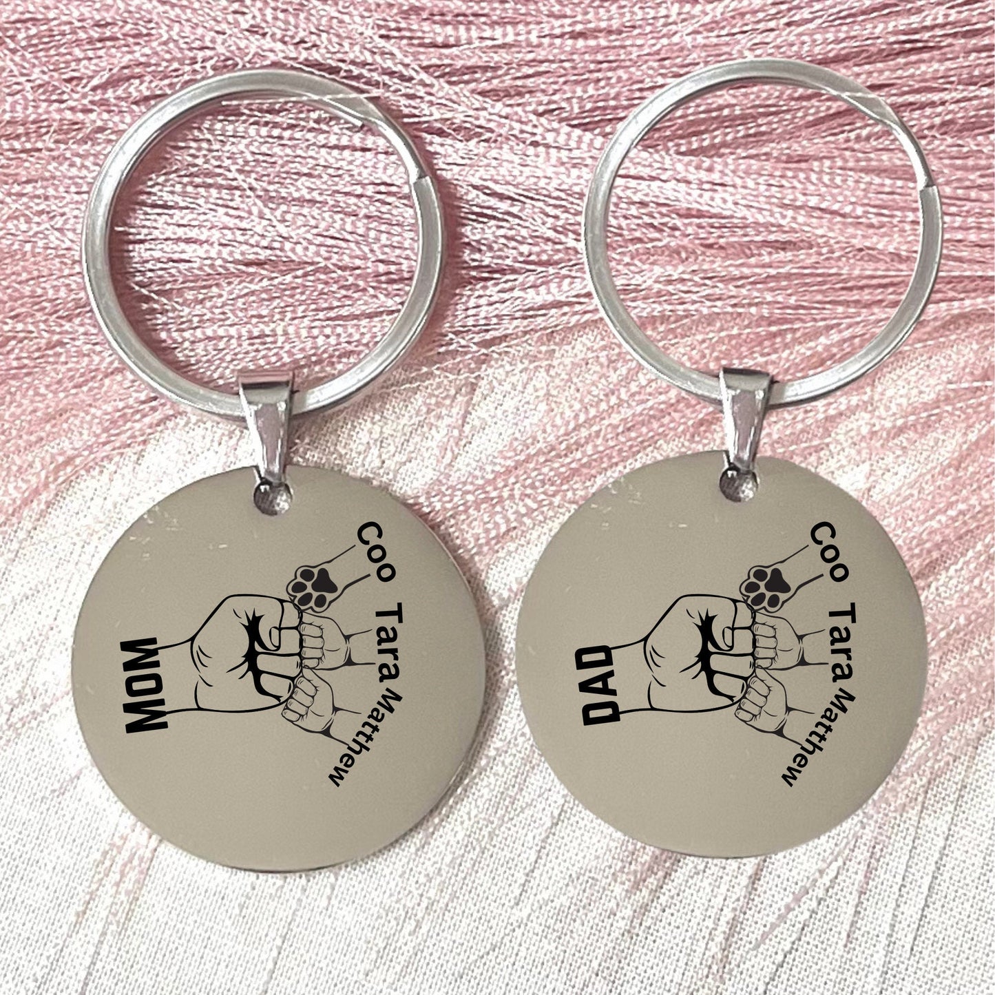 Personalized Fist Bump Keychain: Custom Mom, Dad & Paw Print Stainless Steel Gift