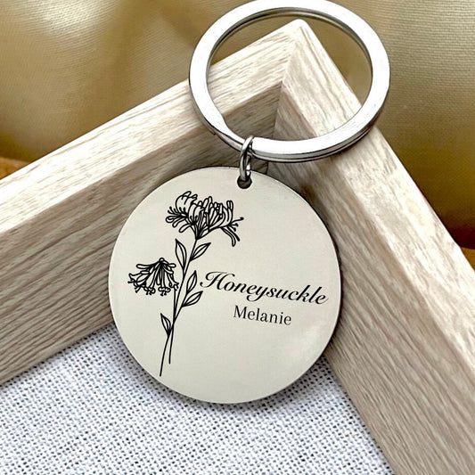 Personalized Honeysuckle Stainless Steel Keyring: July Birth Flower Gift