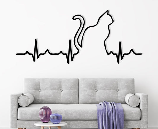 Minimalist Cat Heartbeat Metal Wall Art: Feline EKG Decor