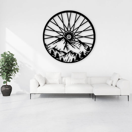 Metal Biker Wheel Wall Art: Mountain Scene Home Decor