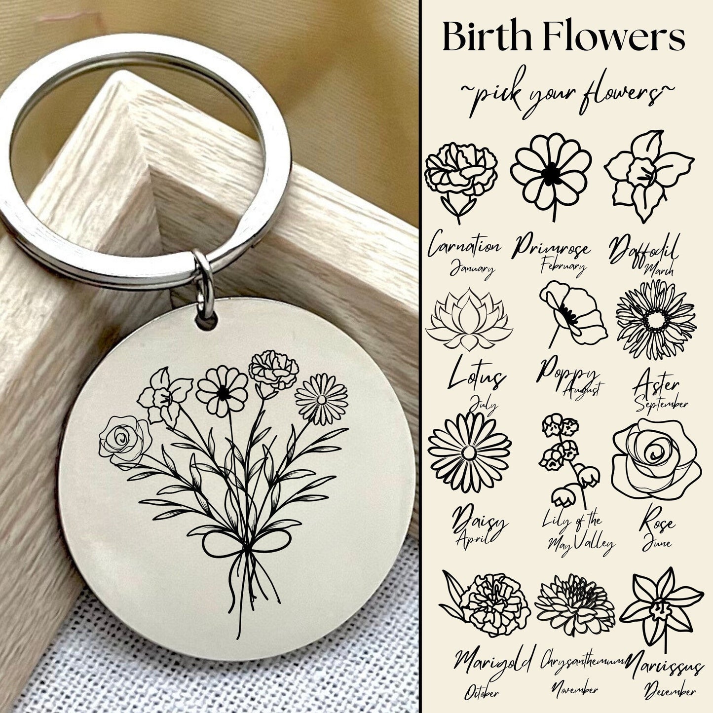Personalized Combined Birth Flower Bouquet Keychain - Meaningful Mother's Day Gift