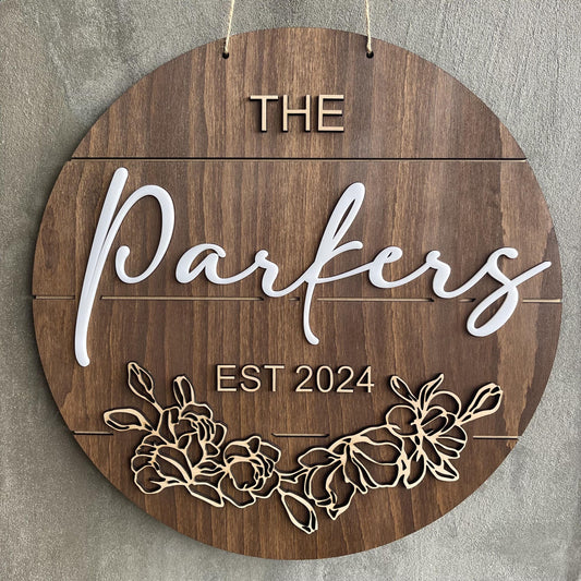 Custom Wedding Sign with Flowers - Personalized with Last Name - Floral Wall Decor