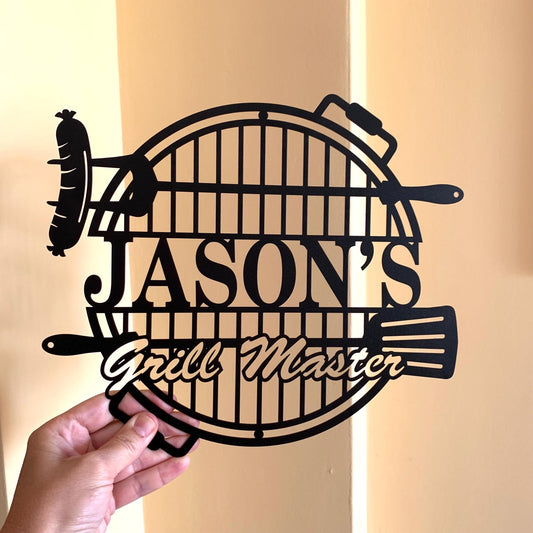 Personalized BBQ Metal Name Sign - Grill Master Outdoor Bar Decor - Man Cave