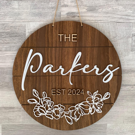 Personalized Family Name Sign – Custom Wood Plaque with Flowers - Est. Year