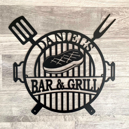 Personalized Bar and Grill Metal Sign - Custom Backyard BBQ Decor for Outdoor Kitchen