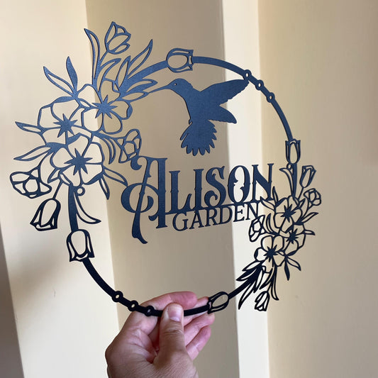Personalized Garden Name Sign with Laser Cut Flowers and Bird | Outdoor Metal Panel