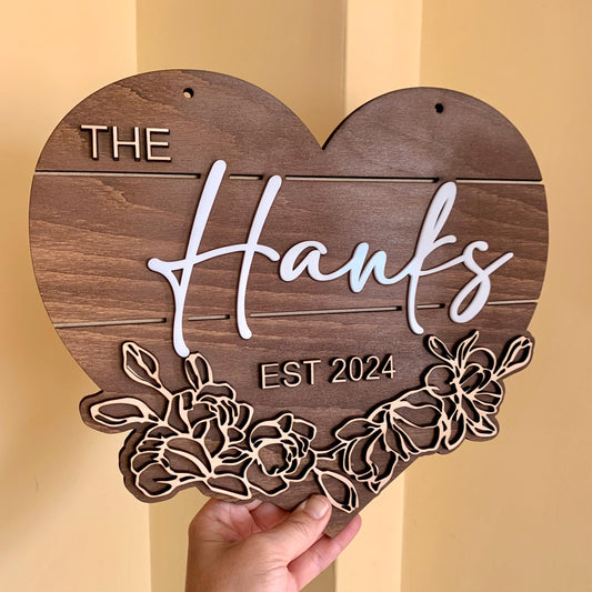 Personalized Heart Wood Sign - Laser Cut Floral Newlywed Gift