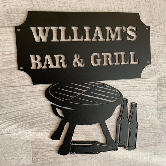 Personalized Bar & Grill Metal Sign - Custom BBQ Plaque, Backyard Decor