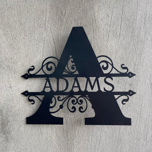 Custom Family Name Metal Sign - Personalized Monogram Wreath - Split Initials
