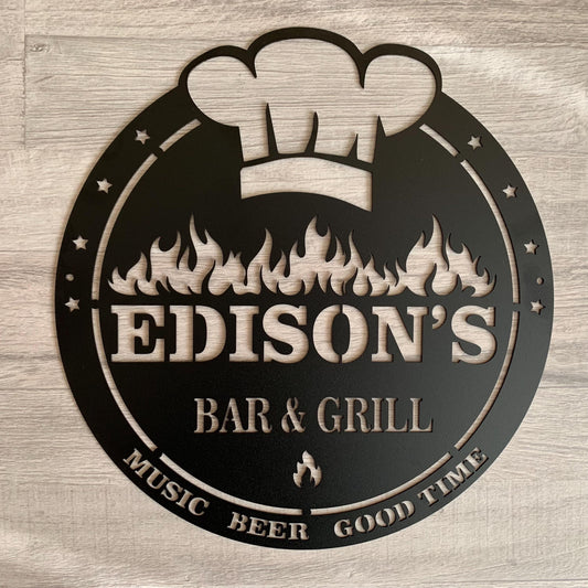 Personalized Bar & Grill Metal Sign - Custom BBQ Decor
