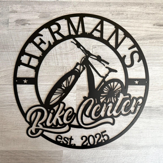 Personalized Bike Center Metal Name Sign - Custom Garage or Man Cave Wall Decor