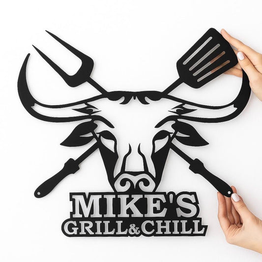 Personalized BBQ Metal Name Sign - Custom Grill and Chill Wall Decor for Outdoor Kitchen