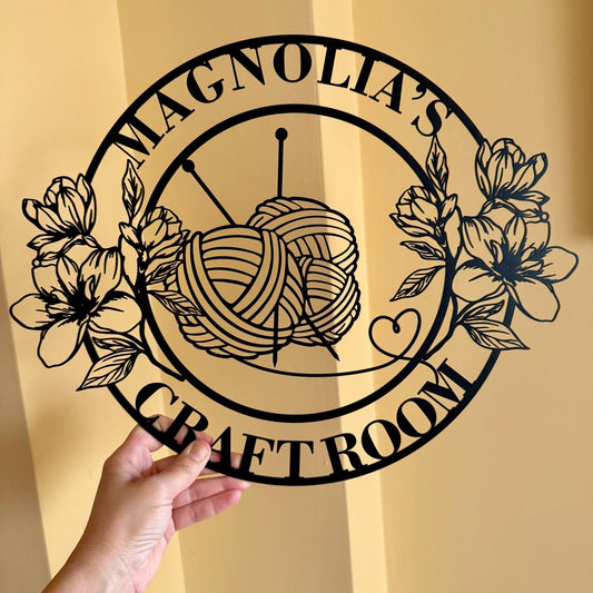 Personalized Knitting Room Name Sign, Crochet Room Wall Decor, Yarn Ball Hook - Flowers & Heart